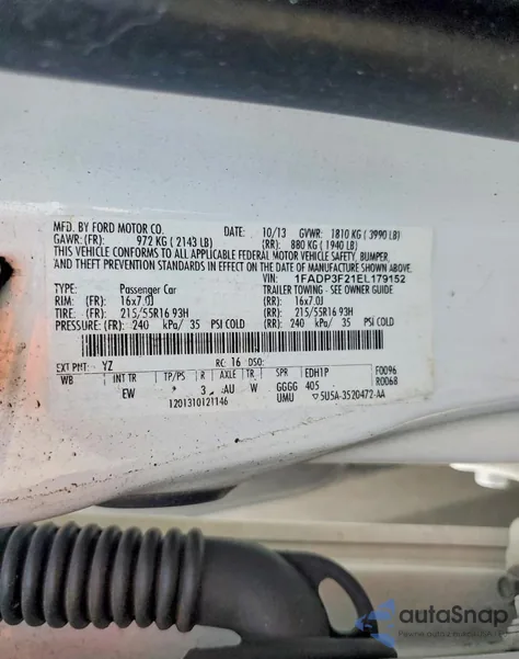 2014 Ford Focus Se z USA, uszkodzony, nr VIN 1FADP3F21EL179152